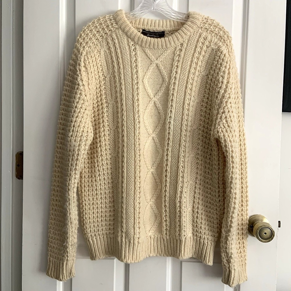 Vintage Bamberger Handloomed in Ireland Creme Cableknit Fisherman Sweater sz M